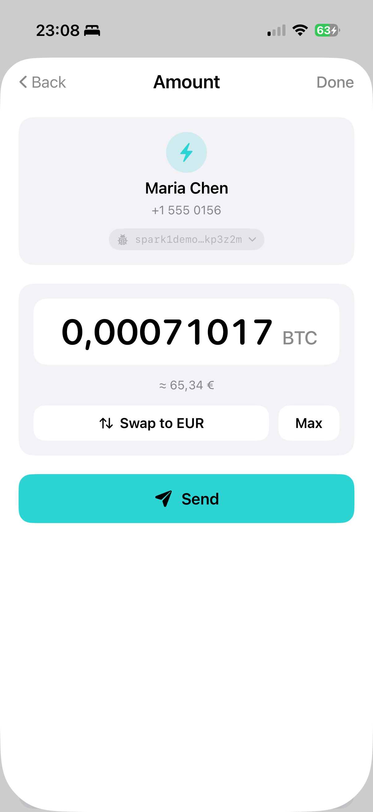 Bitzum send screen showing a contact and amount to send